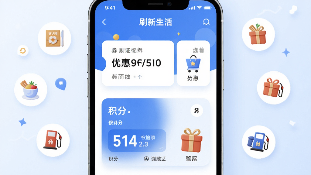画面为“刷新生活”权益页面手机截图风格,屏幕中展示优惠券卡片、积分数字与礼品图标,周围点缀餐饮、购物、加油等场景小图标,整体采用暖蓝与白色搭配,风格活泼但不失规范,布局疏密有致,细节清楚,画质干净明亮