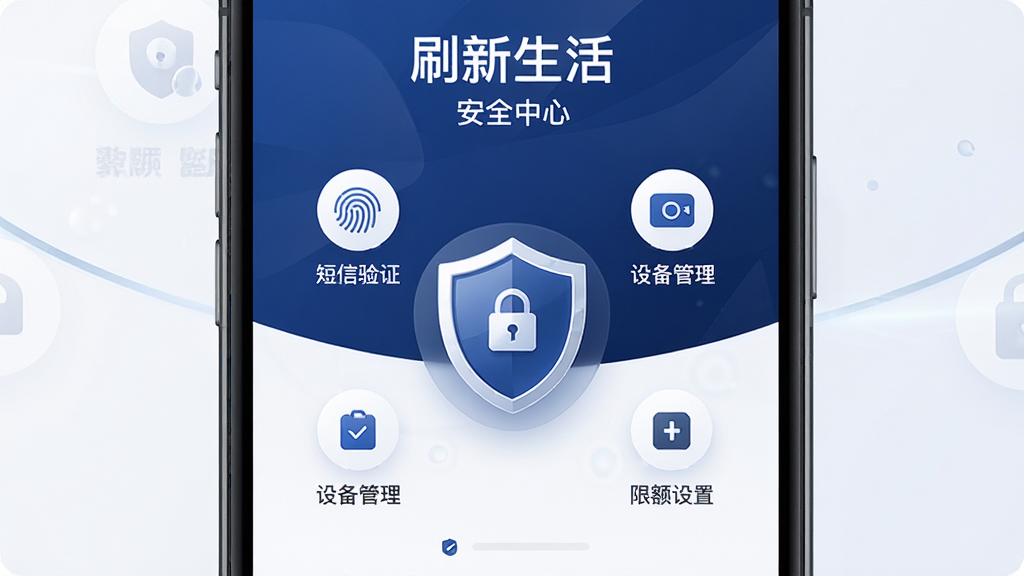 手机屏幕显示“刷新生活”安全中心界面,画面中央是一个盾牌图标,盾牌周围环绕指纹识别、短信验证、设备管理、限额设置等小图标,界面以深蓝与白色为主,风格稳重专业,布局对称清晰,细节精致,画质高清干净