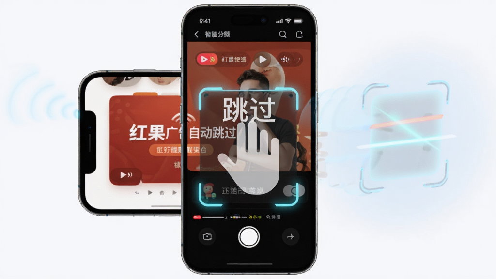 一部手机横屏播放短剧,屏幕中央广告画面被一个半透明的“跳过”手势图标覆盖,手机旁边有智能识别扫描的光圈效果,布局以手机为主体居中,风格为清爽的科技插画,细节包括广告界面、跳过手势、扫描光效,画质干净清晰,画面中带有“红果广告自动跳过”字样
