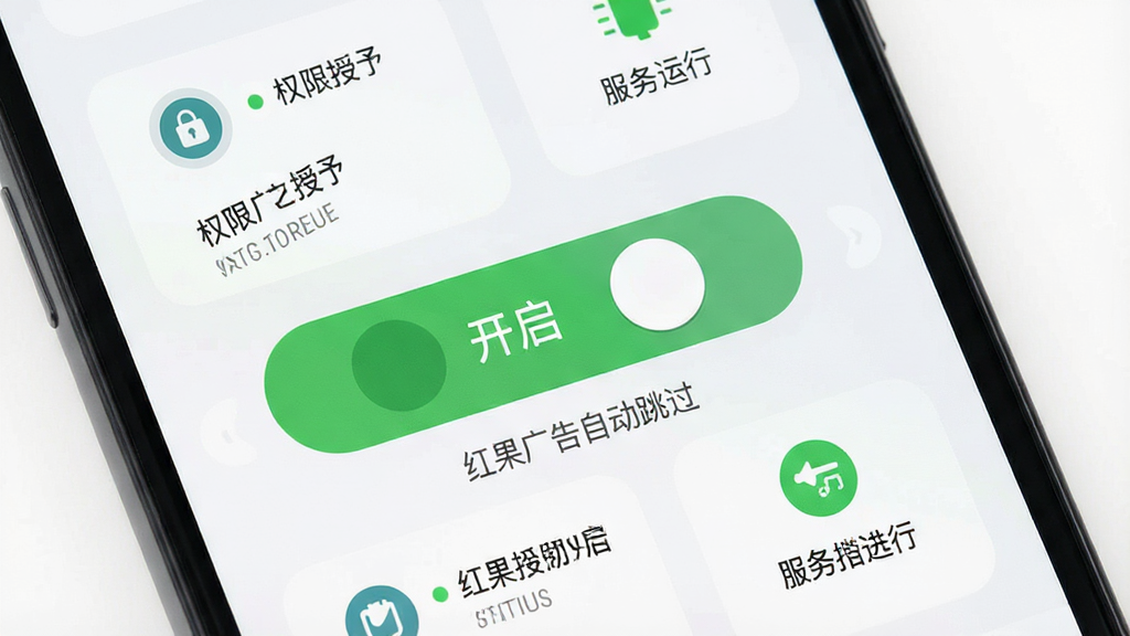 手机屏幕显示简洁的软件开关界面,一个大大的开启按钮位于中央,周围有权限授予、服务运行等状态图标,布局为上下结构,风格为极简扁平化设计,细节包括开关按钮、状态指示灯、简洁文字,画质清晰干净,画面中标注“红果广告自动跳过”