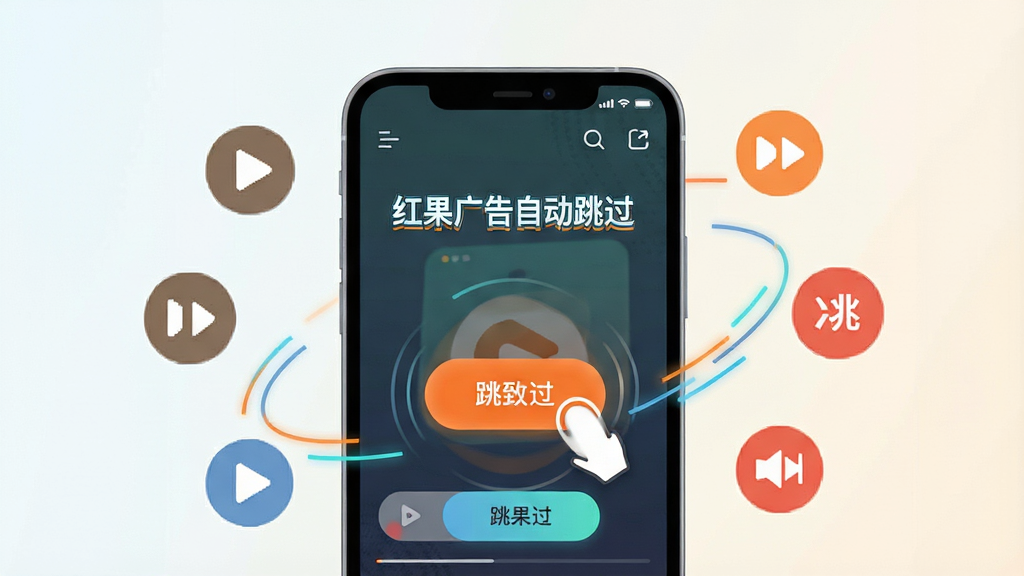 画面中央是一部智能手机,屏幕显示红果短剧播放界面,画面中有一个醒目的跳过按钮被自动点击的动效示意,手机周围环绕着播放、快进、跳过等图标元素,整体布局简洁明了,风格为现代科技感扁平化插画,细节包括手机边框、界面按钮高亮、动态线条,画质清晰干净,无多余元素,背景为浅色渐变,突出“红果广告自动跳过”文字标识