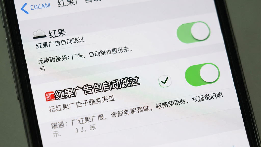 手机屏幕展示无障碍设置页面,红果广告自动跳过服务开关处于开启状态,旁边有勾选标记和权限说明文字,布局为设置列表样式,风格为系统界面写实风,细节包括开关按钮、服务名称、权限提示,画质清晰干净,画面中带有“红果广告自动跳过”字样