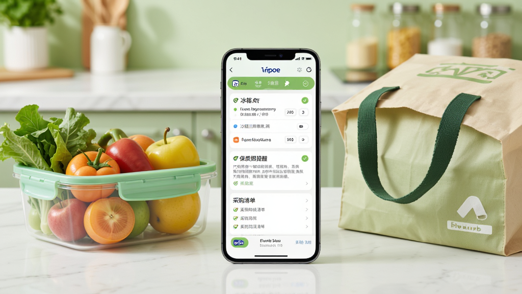 手机屏幕显示添可厨房App的食材管理界面,界面中包含冰箱库存列表、保质期提醒与采购清单,手机旁边摆放着装满蔬菜水果的保鲜盒与购物袋,背景为整洁的厨房台面,整体采用清新浅绿色调,构图以手机和食材为双中心,风格生活化写实,细节清晰,画质干净明亮