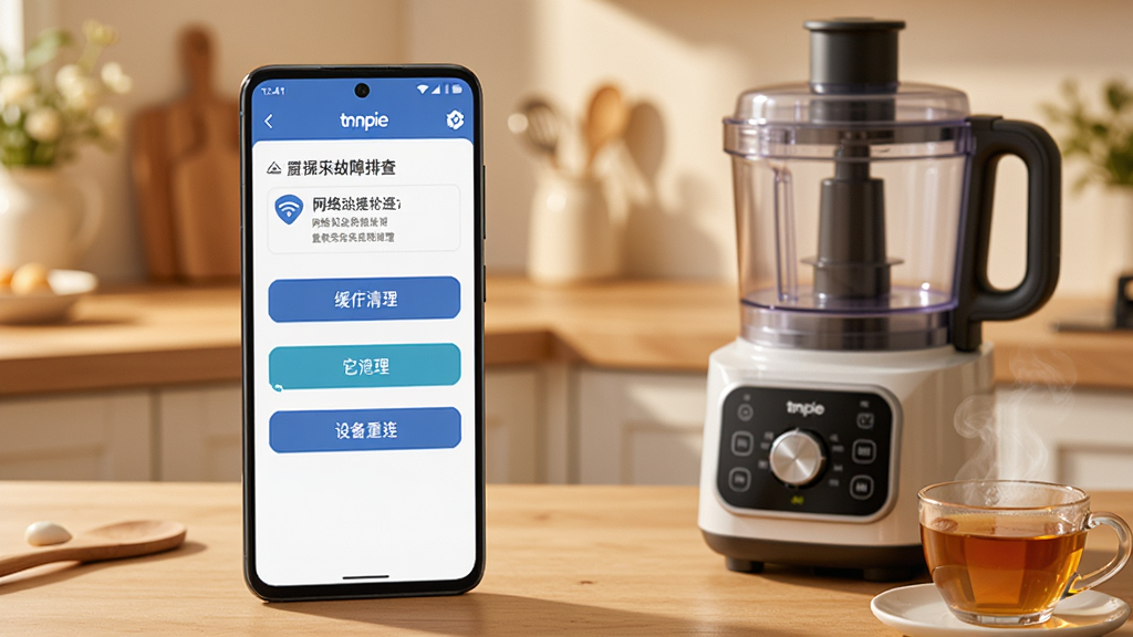 一部安卓手机屏幕显示添可厨房App的故障排查页面,页面中包含网络连接检测、缓存清理按钮与设备重连选项,手机旁放置着添可料理机与一杯热茶,背景为柔和暖色调的厨房一角,构图以手机屏幕为焦点,风格写实温馨,细节清晰,画质干净明亮