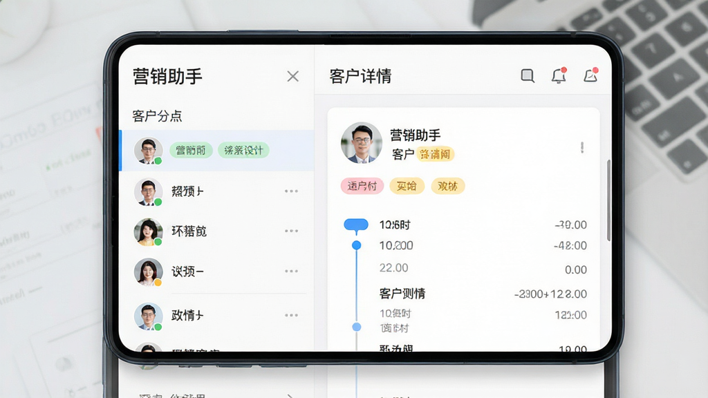 一张展示手机应用界面的图片,画面主体为“营销助手”客户管理页面,布局为左侧客户分组列表、右侧客户详情卡片,风格为简洁商务风,细节包括头像图标、标签色块和互动时间轴,画质清晰,画面干净,无多余元素
