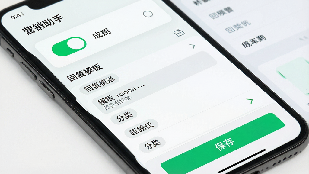 一张展示手机屏幕的图片,画面为“营销助手”自动化回复设置界面,布局为上方开关控制区、中部回复模板列表、下方保存按钮,风格为清爽浅色风,细节包括绿色启用状态标识、模板文字预览和分类标签,画质高清,画面干净,无多余元素