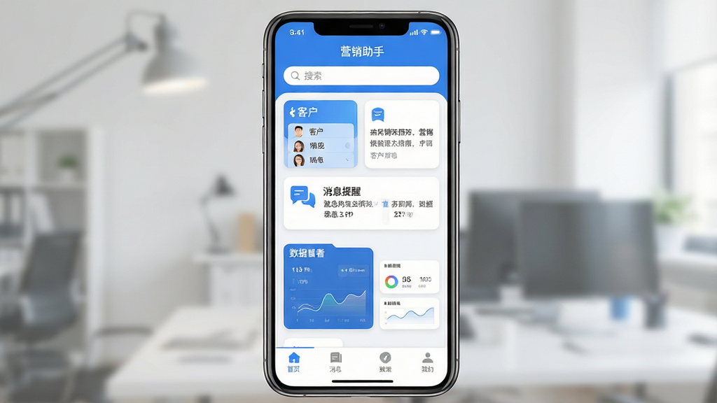 一张展示智能手机屏幕的图片,屏幕中央显示“营销助手”应用主界面,界面包含客户列表、消息提醒和数据看板三个模块,整体布局为上下结构,上方为搜索栏,中部为功能卡片,下方为底部导航栏,风格为现代扁平化商务风,细节包括蓝白配色、圆角图标和清晰的功能标签,画质高清,画面干净,无多余元素