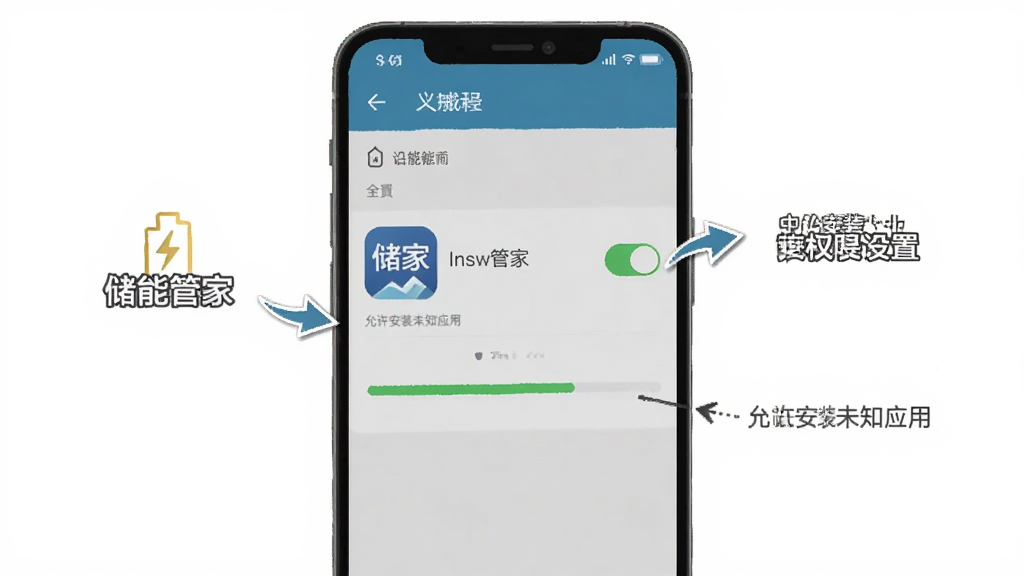 储能管家安卓手机安装权限设置界面示意图,画面展示手机设置页面中