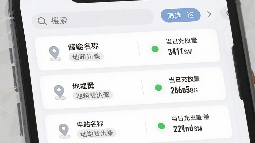 储能管家多电站管理界面生图,画面为手机屏幕展示电站列表页面,列表项包含电站名称、地理位置标签、在线状态圆点和当日充放电量数字,顶部有搜索框和筛选按钮,布局为纵向卡片列表,风格为浅色简约商务风,细节有地图定位小图标和绿色在线标识,画质清晰干净,无多余元素