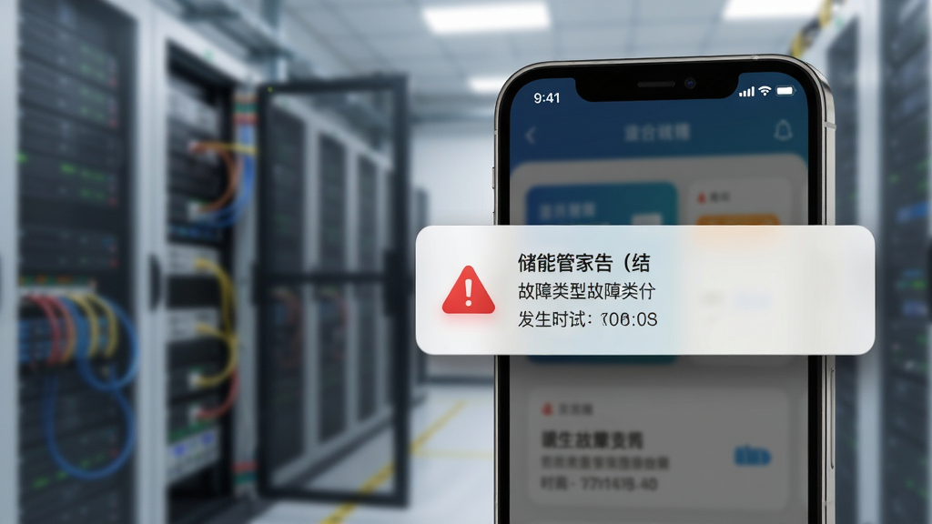 储能管家告警推送功能展示图,手机屏幕弹出告警通知卡片,卡片包含红色警示图标、故障类型文字和发生时间,背景为储能设备机房场景虚化处理,画面布局为手机居中偏右,风格为写实科技感,细节有通知横幅阴影和状态栏图标,画质清晰干净,无多余元素