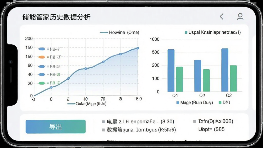 储能管家历史数据报表界面,手机屏幕显示折线图和柱状图组合的数据分析页面,图表包含时间轴、电量曲线和柱状对比,下方有导出按钮和数据摘要文字,布局为上下结构,风格为清新浅色数据可视化风,细节有网格线和图例标签,画质高清干净,无多余元素
