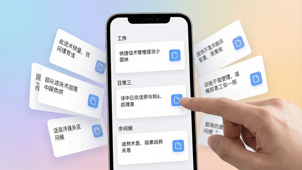 一张表现快捷话术管理功能的场景图,画面主体为手机屏幕内的话术卡片列表,卡片按「工作」「日常」「问候」分组排列,每个卡片上有简短的文字内容与复制按钮,画面右侧有一只手正点击其中一张卡片,布局为手机居中、卡片环绕展开,风格为现代简约科技风,细节包含柔和渐变背景与清晰的图标标注,画质高清,画面干净,无多余元素