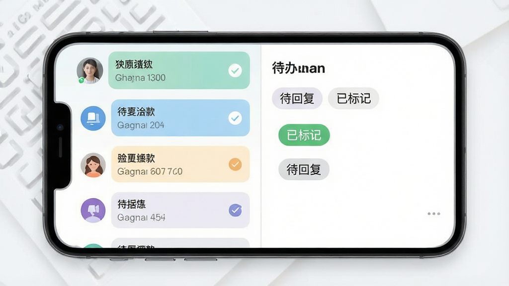 一张展示消息集中整理功能的产品界面图,画面为手机屏幕内的消息归集面板,左侧为会话列表,右侧为待办标记区域,界面中有「待回复」「已标记」等状态标签,布局为左右分栏的手机界面展示,风格为清爽商务扁平风,细节包含状态色块、勾选图标与统一的圆角设计,画质高清,画面干净,无多余元素