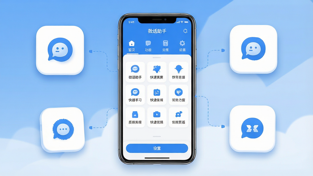 一张表现简洁易用界面的产品展示图,画面主体为手机屏幕内「微话助手」的首页布局,顶部为功能导航,中部为快捷入口宫格,底部为设置栏,整体采用蓝白浅色调,布局为居中手机展示配以功能图标放大示意,风格为极简清爽UI风,细节包含统一图标风格、留白充足的排版与柔和阴影,画质高清,画面干净,无多余元素