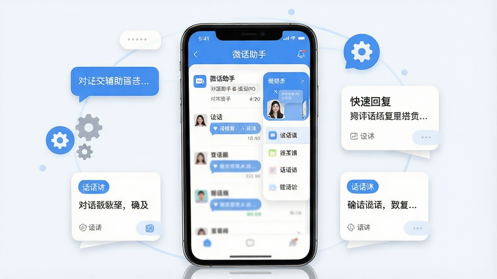 一张展示手机社交辅助工具主界面的产品全貌图,画面中央是一部竖屏智能手机,屏幕内呈现「微话助手」的对话管理列表与快捷回复面板,界面以蓝白配色为主,周围环绕消息气泡、齿轮设置图标与话术卡片等元素,布局为居中对称构图,风格为清爽扁平化UI展示风,细节包含圆角卡片、柔和阴影与清晰的功能分区,画质高清,画面干净,无多余元素