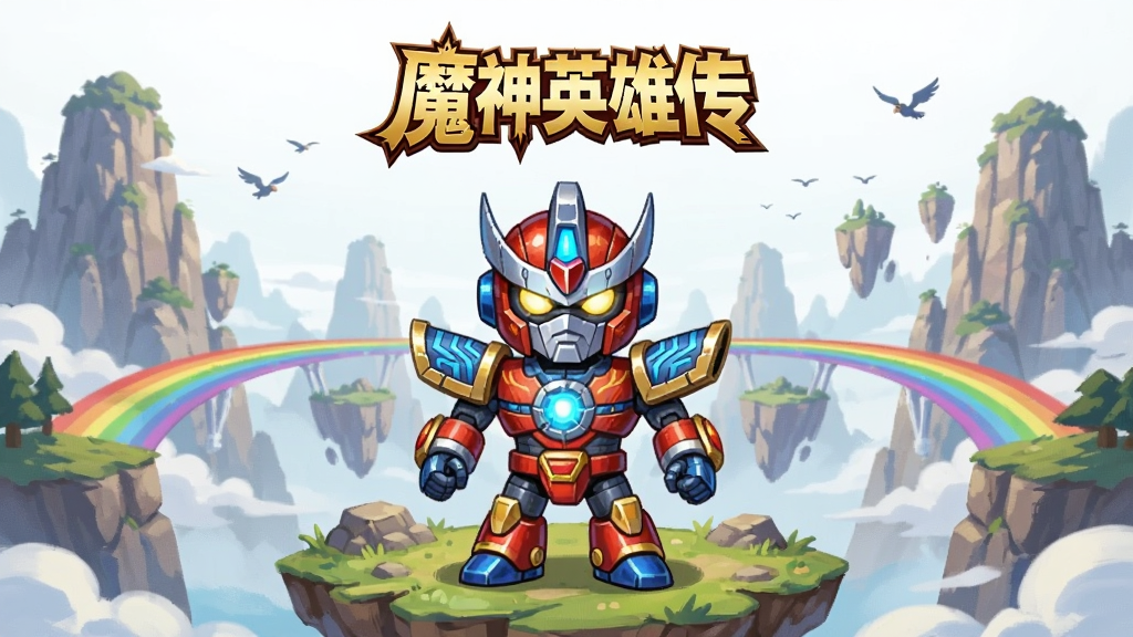 画面主体为一台红蓝配色的Q版机甲魔神站立在浮空岛屿中央,背景是层层叠叠的创界山与彩虹桥,布局采用居中对称构图,上方留白放置金色标题文字