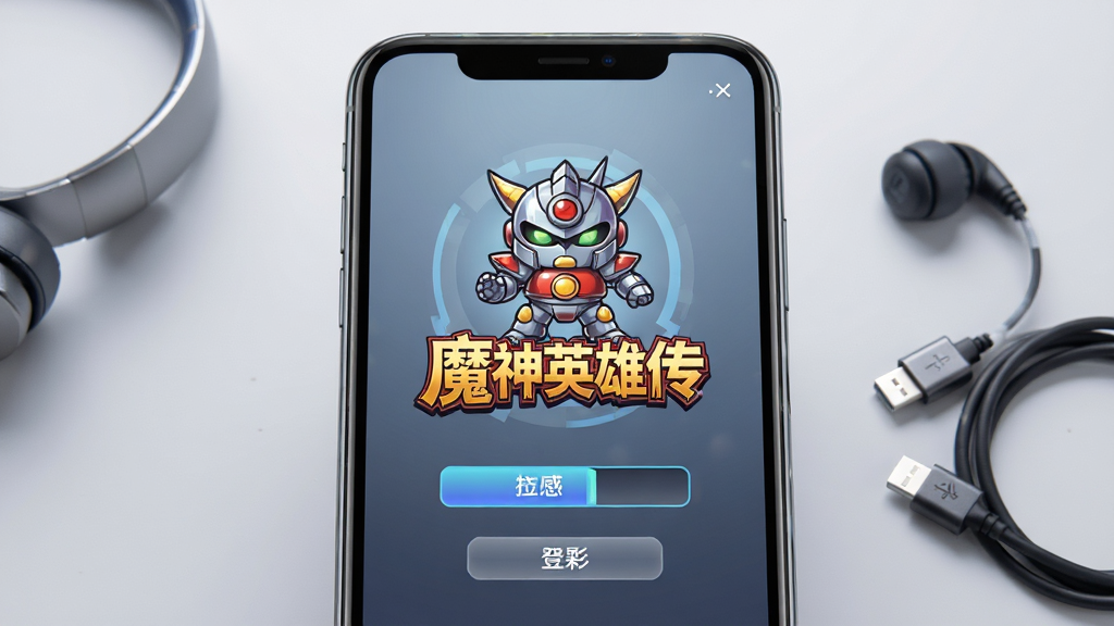 画面主体为一部智能手机屏幕显示游戏登录界面,屏幕中央是Q版魔神机甲图标与
