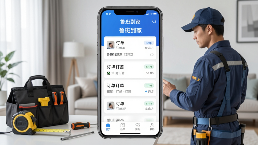 手机屏幕中显示鲁班到家应用界面,一位身穿工装的安装师傅站在家居场景中查看订单列表,主体突出手机与师傅,布局为竖向构图,上方为应用标题区域,中部为订单卡片列表,下方为底部导航栏,风格为写实商务风,细节包括工具包、卷尺、螺丝刀等安装元素点缀,画质清晰干净,无多余装饰元素
