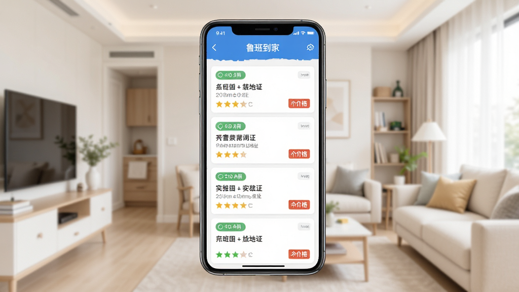 鲁班到家应用订单大厅界面,手机屏幕中排列着多条安装订单卡片,每张卡片标注品类与地址,背景为浅色家居场景,主体为手机与订单列表,布局居中展示,风格简洁明快,细节包括时间标签与价格标签,画质干净清晰,无杂乱元素