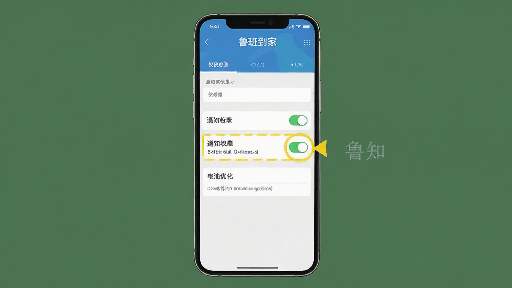鲁班到家应用安装设置界面示意,手机屏幕显示权限开关与电池优化选项,主体为手机与设置面板,布局为居中竖向,风格为教程示意风,细节包括高亮标注的通知权限开关,画质清晰干净,无多余元素