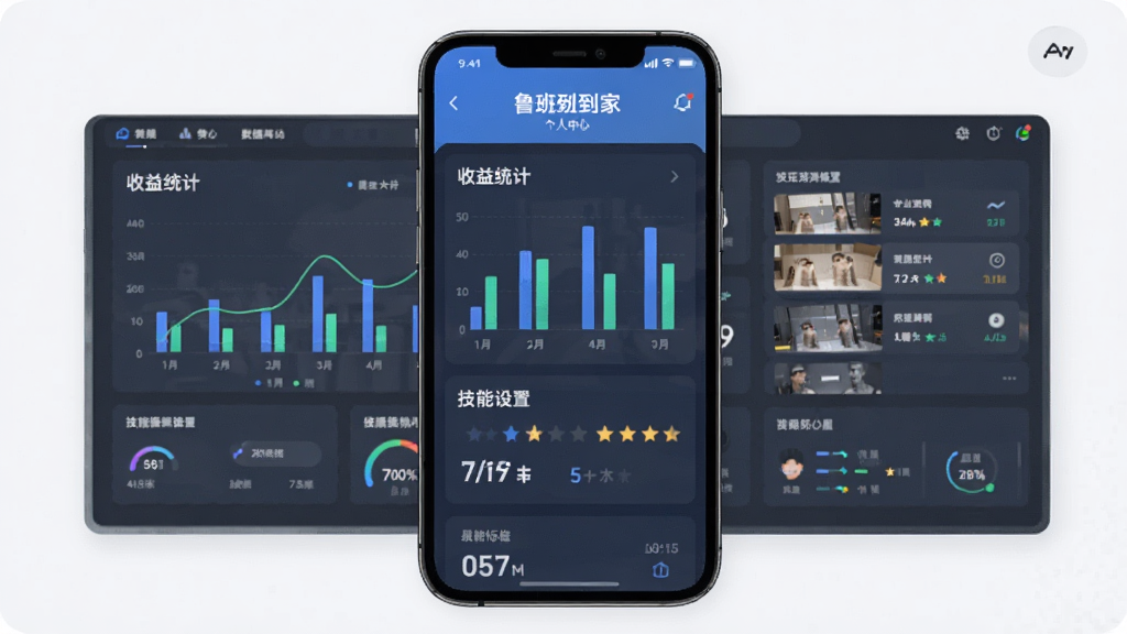 鲁班到家师傅端个人中心界面,手机屏幕展示收益统计图表与技能标签设置项,主体为手机与数据面板,布局上下分区,风格为清爽数据风,细节包括柱状图与评分星级,画质干净利落,无冗余元素