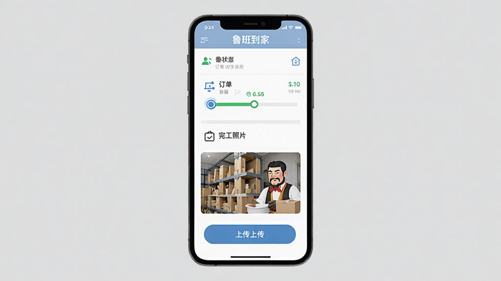 鲁班到家订单详情页面,手机屏幕显示订单状态进度条与完工照片上传区域,主体为手机界面,布局竖向排列,风格为扁平化工具风,细节包括进度节点图标与上传按钮,画质清晰干净,无多余装饰