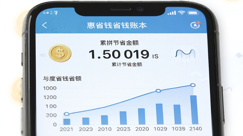 拼拼购物惠省钱省钱账本页面,屏幕中央显示累计节省金额数字与月度省钱曲线图,布局为上下结构,排版清晰,风格为简约数据可视化界面,细节包含金币图标与统计柱状图,画质干净清晰无多余元素