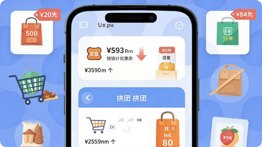 手机屏幕中央展示购物优惠券和拼团界面,周围环绕各类商品图标与折扣标签,布局以上下分层结构呈现,排版简洁明了,风格为扁平化现代电商插画,细节包含价格对比箭头与省钱计算器元素,画质清晰干净无多余元素