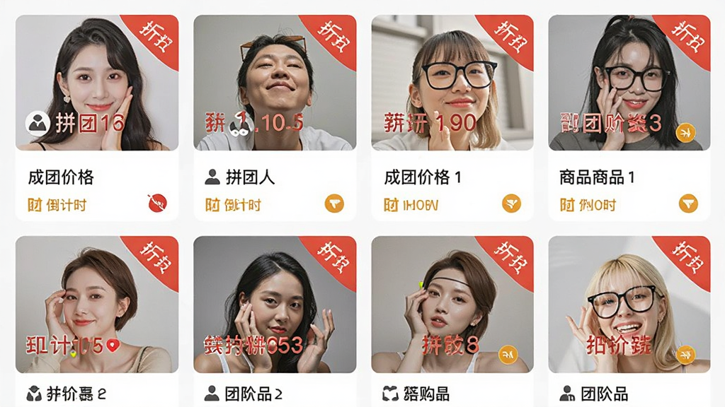 拼拼购物惠省钱应用界面中展示多个拼团商品卡片,卡片上标注成团价格与倒计时,布局为网格状排列,排版整齐有序,风格为清爽的电商信息流设计,细节包含拼团人数图标与折扣角标,画质清晰干净无多余元素