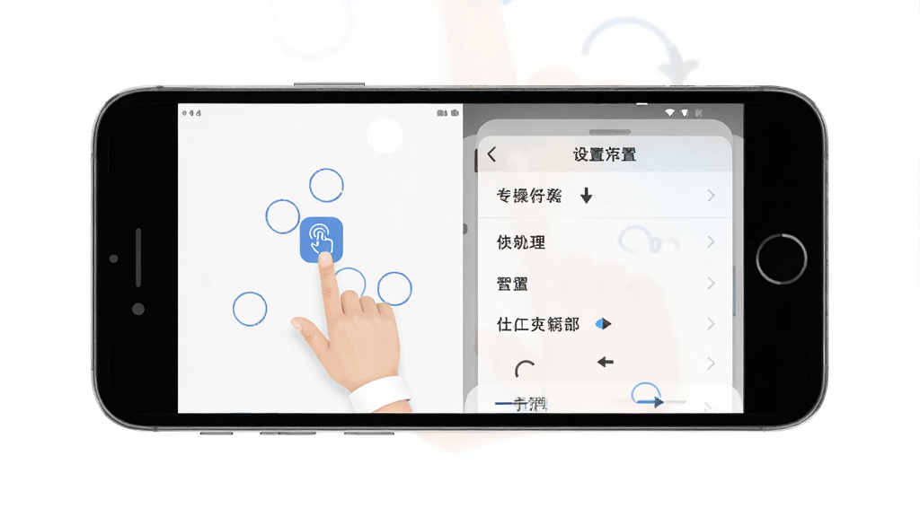 LCC Studio移动端操作示意图,主体为手机屏幕展示手势操作提示与设置菜单,布局为上下分布,风格简洁实用,细节包含长按图标与滑动箭头示意,画质清晰干净无多余元素