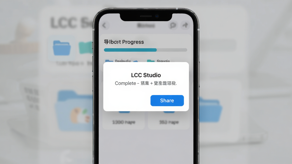 LCC Studio导出流程界面展示,主体为手机屏幕显示导出进度条与完成提示弹窗,布局为居中弹窗叠加在半透明背景上,风格简洁明亮,细节包含文件夹图标与分享按钮,画质清晰干净无多余元素