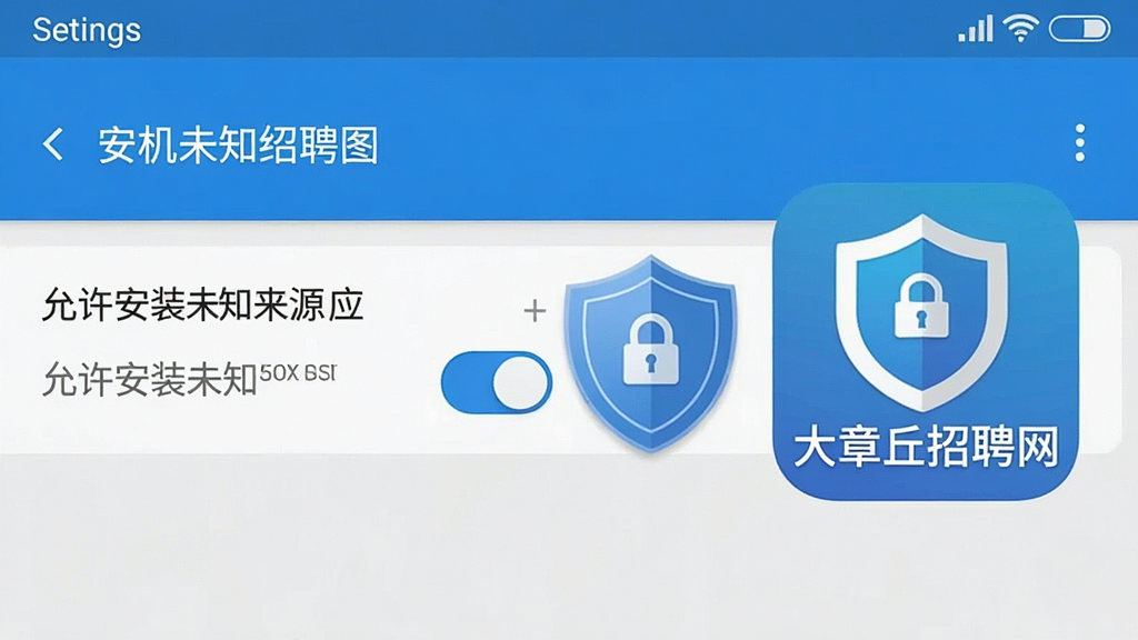 一张手机安全设置操作示意图,画面展示安卓手机设置界面中“允许安装未知来源应用”的开关位置,旁边配有盾牌安全图标和“大章丘招聘网”应用图标,整体风格简洁明了,色调以蓝白灰为主,画质清晰,布局直观,无多余元素