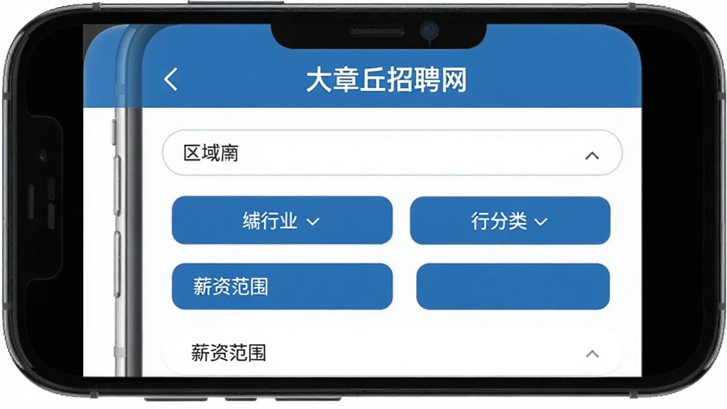 一张信息筛选界面示意图,画面中一部手机屏幕显示“大章丘招聘网”的岗位筛选页面,包含区域选择、行业分类、薪资范围等选项按钮,界面以蓝色和白色为主色调,布局清晰,风格简洁商务,画质干净,无多余装饰元素