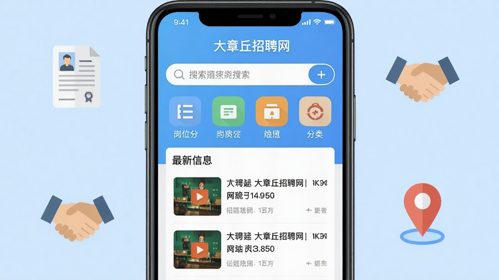 一张手机应用界面展示图,画面中央是一部竖屏智能手机,屏幕上显示“大章丘招聘网”APP的首页界面,包含搜索框、岗位分类图标和最新招聘信息列表,背景为浅蓝色渐变,周围点缀简洁的招聘相关图标如简历、握手、定位标记,整体风格清新现代,扁平化设计,画质清晰,干净无多余元素