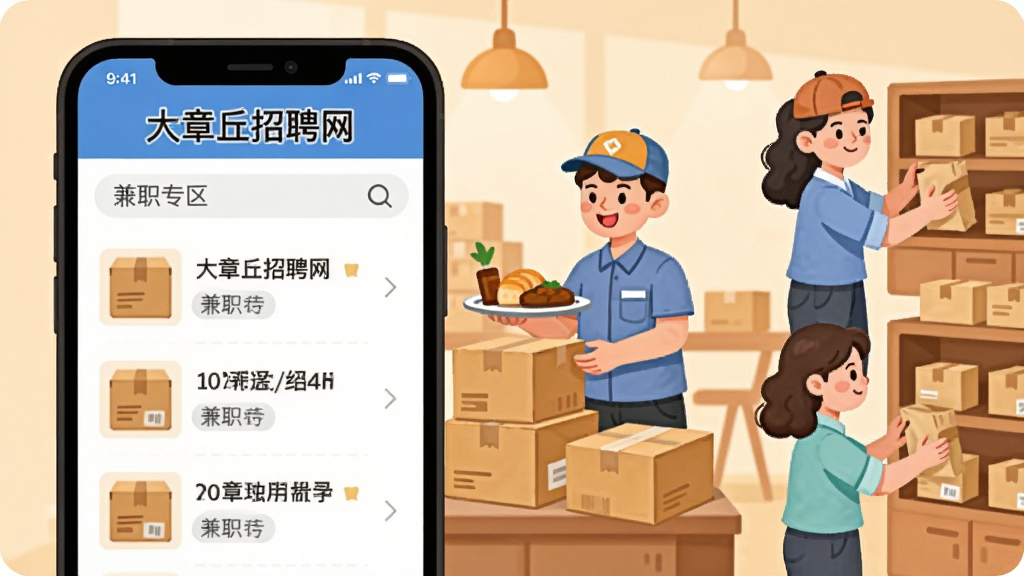 一张兼职招聘场景插画,画面左侧是手机屏幕显示“大章丘招聘网”兼职专区列表,右侧是几位不同职业形象的卡通人物正在工作,如分拣包裹、端送餐盘、整理货架,背景为暖色调,风格亲切活泼,画质清晰,构图均衡,无杂乱元素