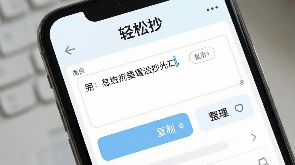 一张展示手机应用界面的图片,画面中央是简洁的文字编辑界面,顶部有“轻松抄”三个字作为应用标题,界面中包含文字输入框、复制按钮和整理选项,整体布局清晰,采用白色和浅蓝色配色,风格现代简约,细节上按钮圆润、图标精致,画质清晰干净,无多余元素