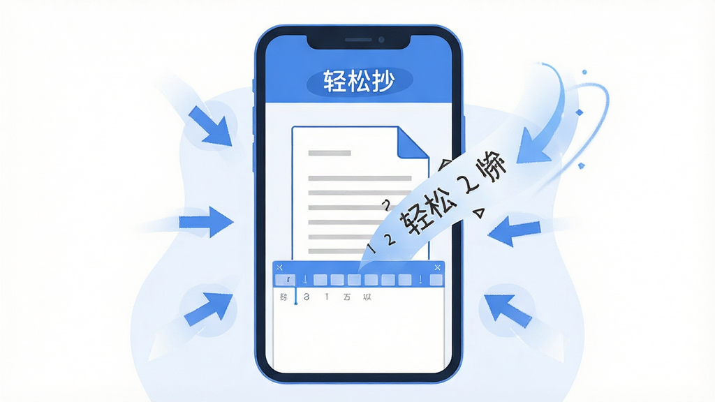 一张以文字提取为主题的插画,画面中一部手机屏幕显示“轻松抄”应用,屏幕内文字从文档中飞入编辑框,周围有简洁的箭头和光效点缀,整体采用扁平化风格,蓝白配色,布局居中,细节干净,画质清晰