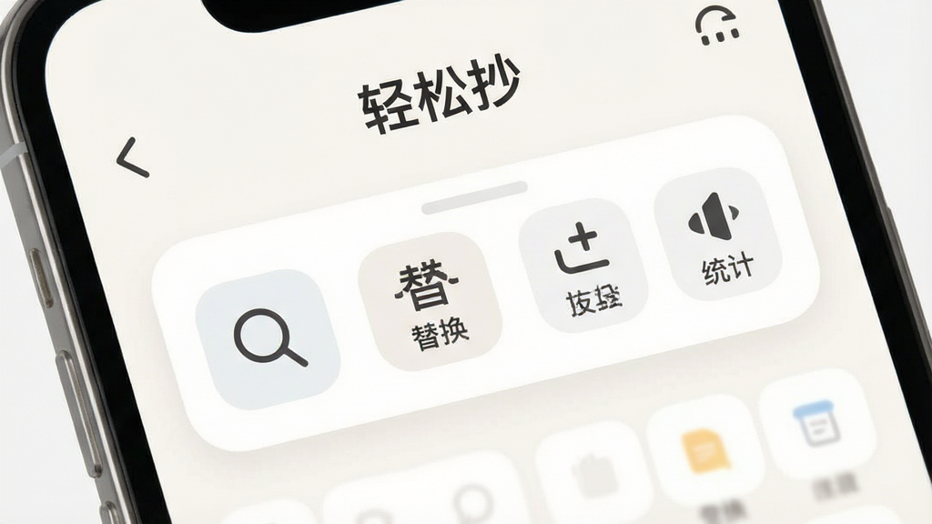 一张展示文字编辑工具界面的示意图,画面中手机屏幕显示“轻松抄”应用内的编辑工具栏,包含查找、替换、统计等图标按钮,界面布局整齐,采用柔和圆角设计,浅色背景搭配深色文字,风格清新,细节精致,画质高清干净