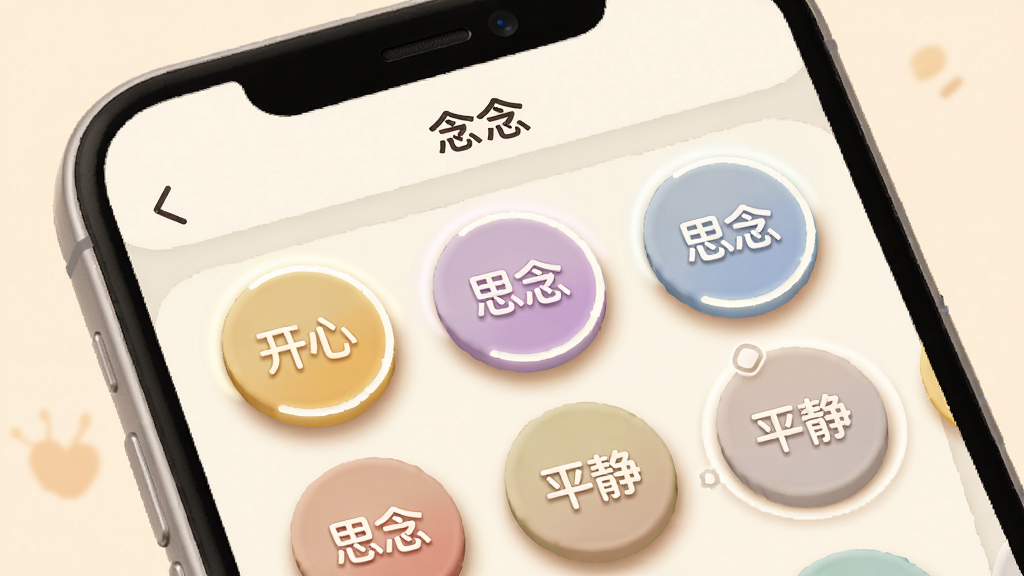 手机界面显示“念念”应用的心情标签选择面板,多个彩色圆形标签整齐排列,标签上写有“开心”“思念”“平静”等字样,背景是柔和的米白色,画面风格可爱温馨,细节展示标签的立体阴影效果和选中状态的高亮边框,画质细腻,干净无多余元素