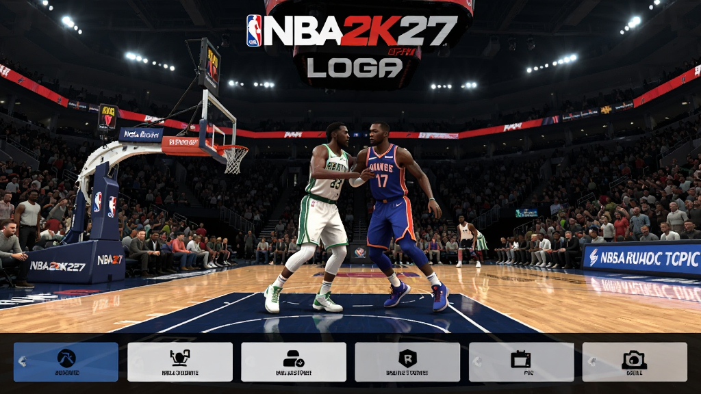 NBA2K27PC电脑版主界面全景展示,画面中央是篮球场馆全景,球员正在激烈对抗,主体突出游戏主视觉,布局上方为游戏LOGO与标题文字,下方为功能按钮排列,风格写实体育竞技风,细节包含观众席、球场灯光、球员球衣纹理,画质高清锐利,画面干净,无多余元素