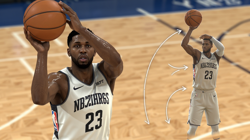 NBA2K27PC电脑版球员动作特写展示,画面主体是一名球员正在执行后撤步跳投动作,布局为人物居中偏左,右侧留白展示动作分解轨迹线条,风格写实运动摄影风,细节包含球衣褶皱、汗水反光、球场木地板纹理,画质清晰,画面干净,无多余元素