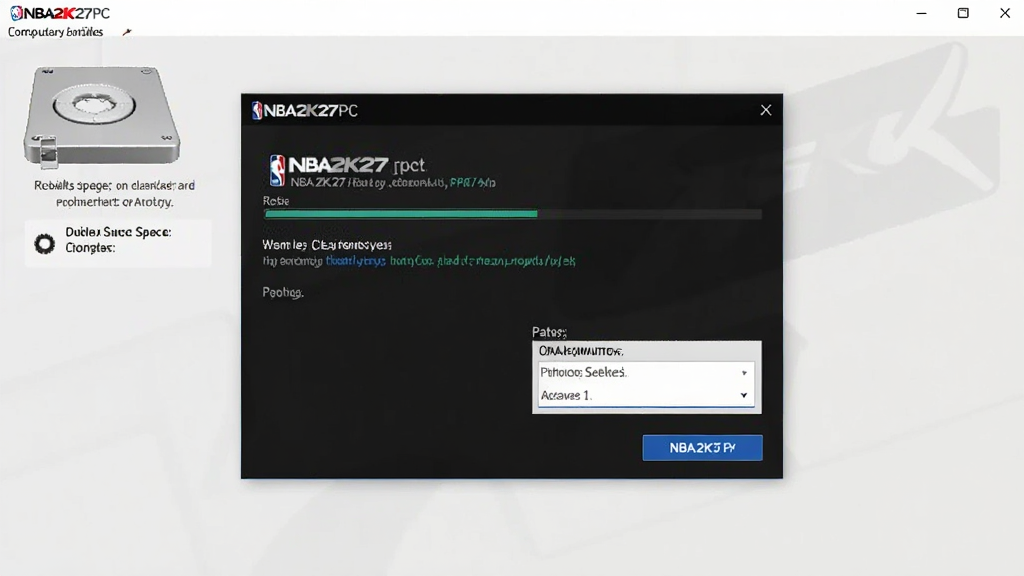NBA2K27PC电脑版安装设置界面展示,画面主体是电脑屏幕上的安装向导窗口,布局为窗口居中,周围有磁盘空间提示与路径选择框,风格简洁软件安装界面风,细节包含进度条、按钮高亮、英文路径示例,画质清晰,画面干净,无多余元素