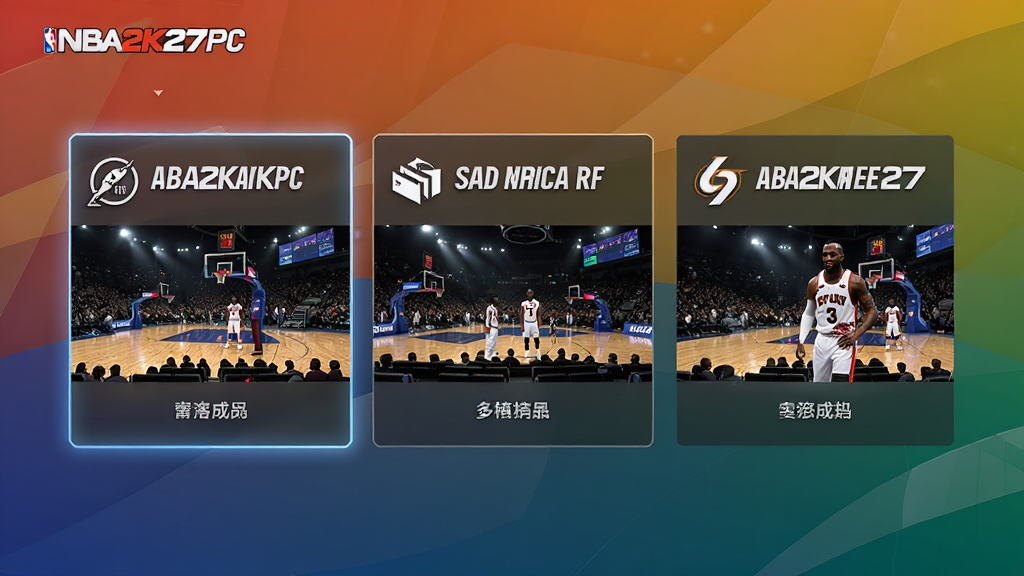 NBA2K27PC电脑版多模式选择界面展示,画面主体是三个并排的游戏模式卡片,布局为横向排列,每张卡片包含模式名称与场景缩略图,风格现代游戏UI设计风,细节包含卡片光影效果、模式图标、背景渐变色,画质高清,画面干净,无多余元素