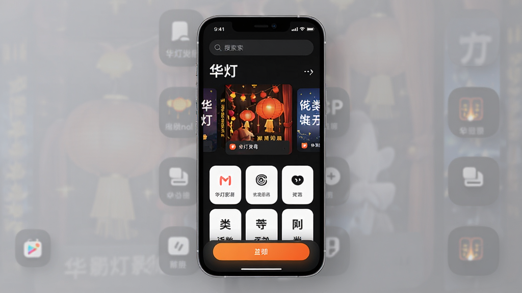 画面主体是一部竖屏智能手机,屏幕中展示“华灯”影音应用的首页界面,布局为顶部搜索栏加中部横向海报轮播加下方分类卡片网格,排版整齐留白充足,风格为现代简约科技感,细节包括圆角图标、柔和阴影、深色模式背景与高亮强调色按钮,画质清晰锐利,整体干净无多余元素,画面中不含任何文字水印