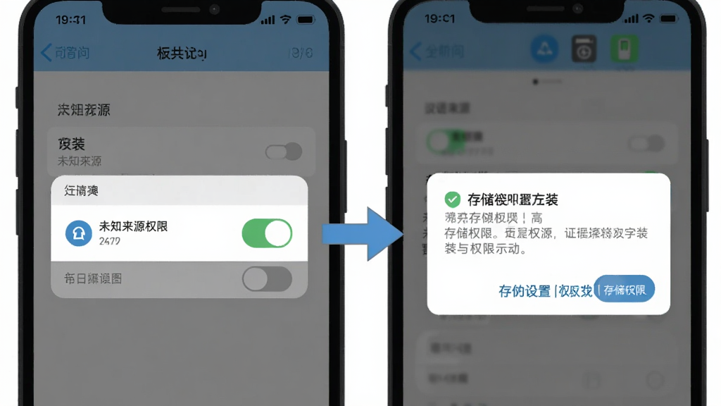 汉语字典安装与权限设置示意图,画面为手机设置界面与安装弹窗的组合,左侧显示未知来源权限开关,右侧显示存储权限请求对话框,中间用箭头连接,风格扁平化信息图,细节包括权限图标与提示文字,画质清晰干净,无多余元素