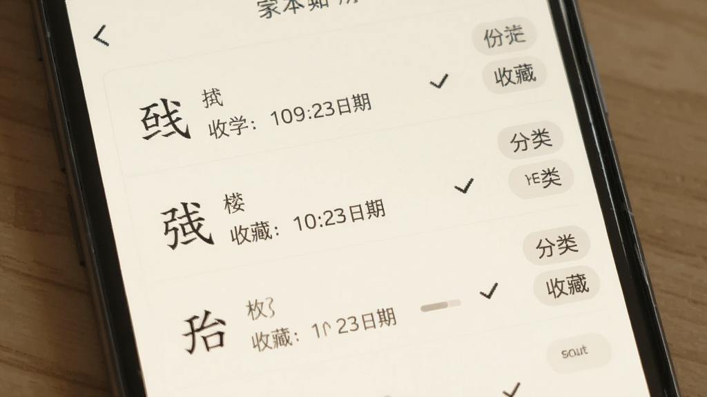 汉语字典收藏与复习界面展示,手机屏幕显示生字本列表,每条记录包含汉字、拼音与收藏日期,右侧有分类标签,背景为柔和米白色,风格素雅极简,细节包括勾选标记与进度条,画质清晰干净,无多余元素