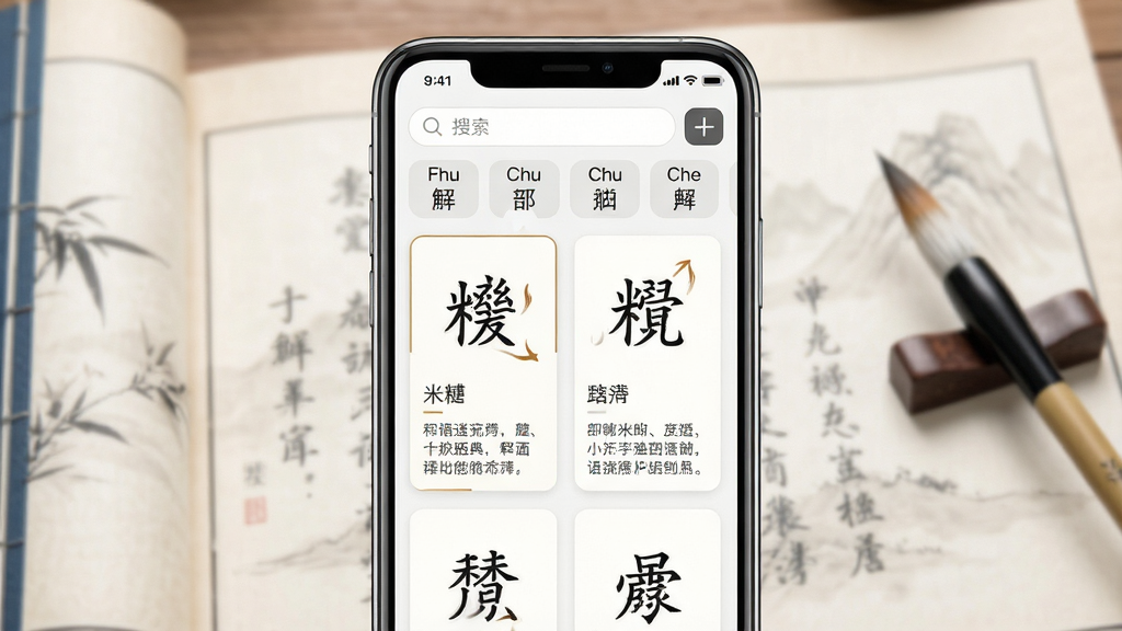 汉语字典应用主界面展示,画面中央是一部智能手机,屏幕显示汉字检索页面,上方有搜索框和拼音部首分类标签,下方列出汉字卡片与释义摘要,背景为淡雅的书卷与毛笔元素,整体布局居中对称,风格清新简洁,细节包括汉字笔画动画与释义排版,画质清晰干净,无多余元素