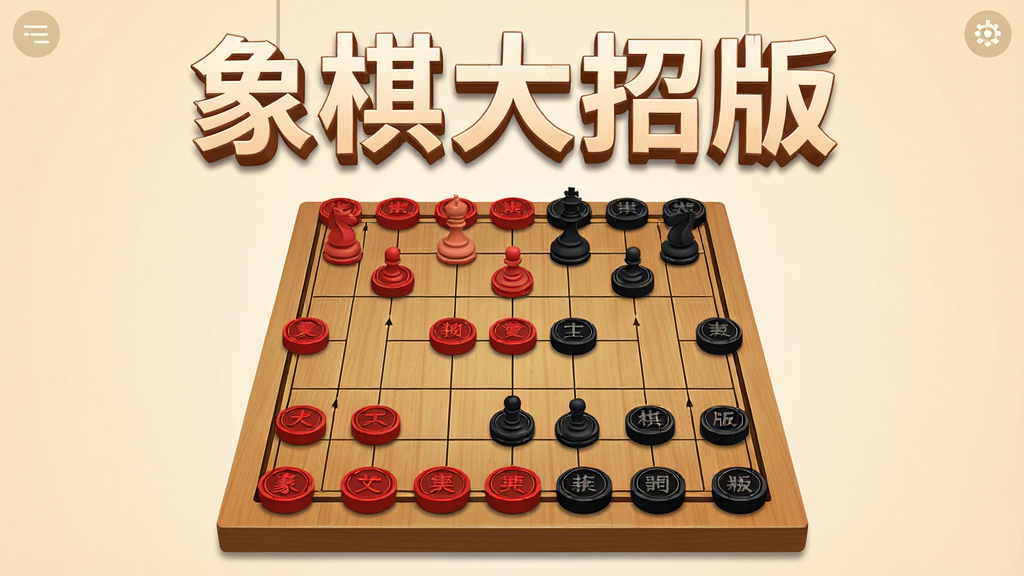 象棋大招版软件主界面展示,画面中央是一方木质纹理的中国象棋棋盘,红黑双方棋子整齐排列,棋盘上方悬浮着“象棋大招版”五个立体字,背景为淡雅的米黄色渐变,整体采用扁平化UI设计风格,细节清晰,画质干净,无多余装饰元素