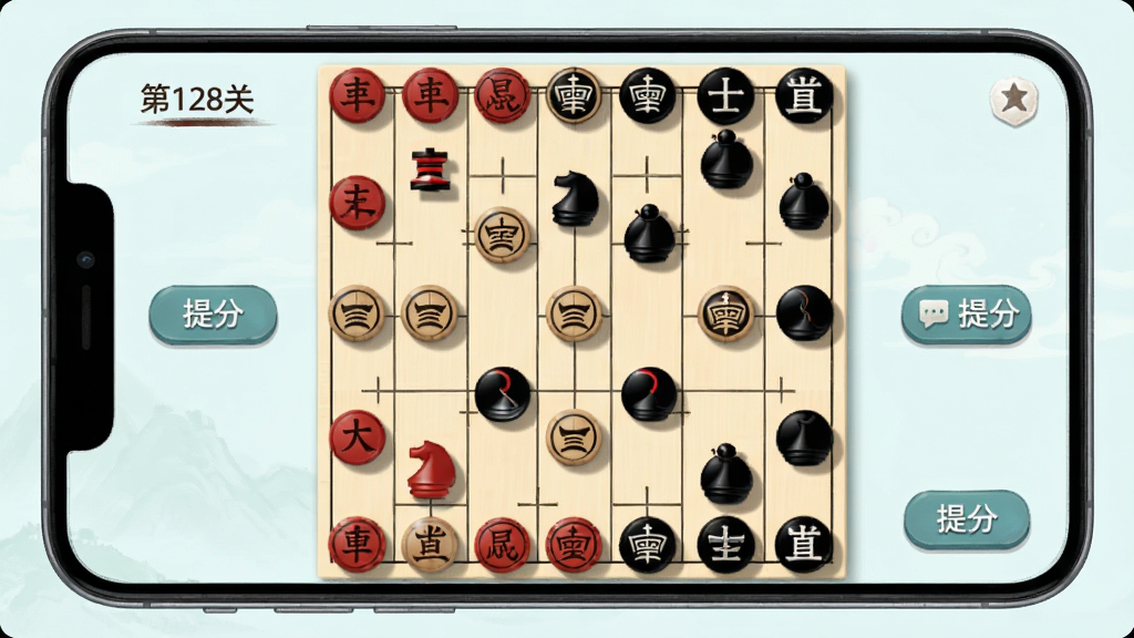 象棋大招版残局闯关界面,手机屏幕中显示一个精心布置的象棋残局,红方仅剩车马炮,黑方士象齐全,棋盘边缘有“第128关”字样与提示按钮,整体风格清新简洁,采用浅色背景与柔和的棋子投影,画质细腻干净
