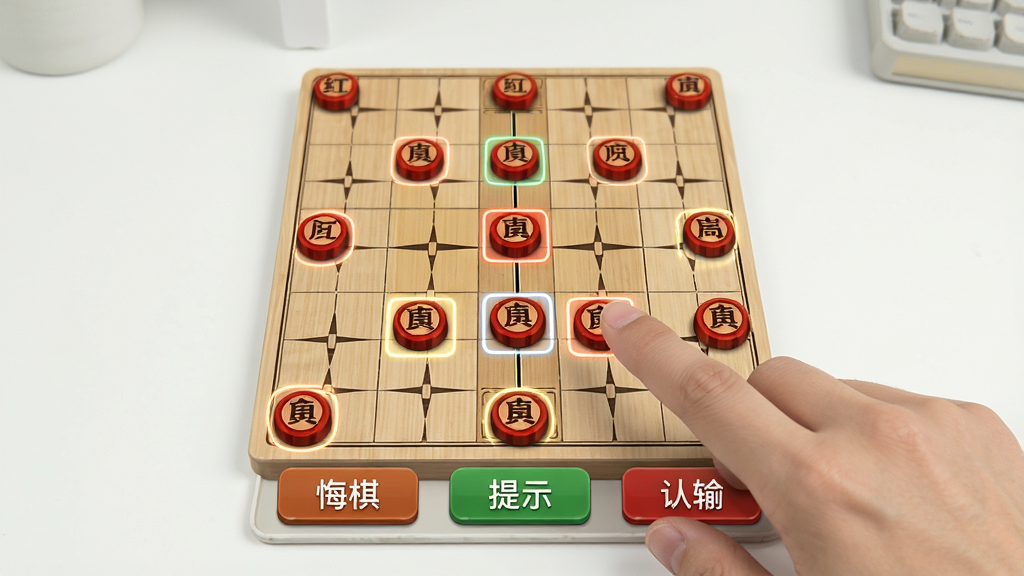 象棋大招版手机端对局操作演示图,画面中一只手正在触屏拖动红方炮棋子,棋盘上高亮显示可落子位置,屏幕底部有“悔棋”“提示”“认输”三个按钮,整体风格写实清晰,光线明亮,画质干净,背景为简洁的桌面环境